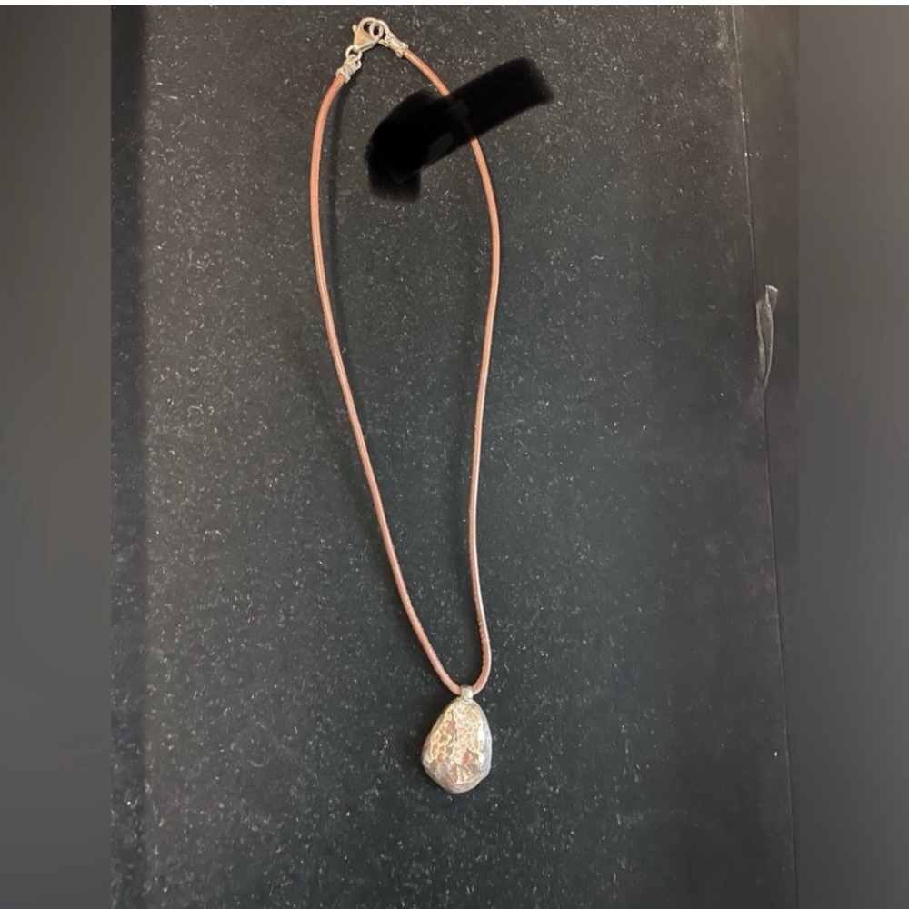 Silpada‎ necklace brown leather with sterling silver hammered nugget pendant 16”